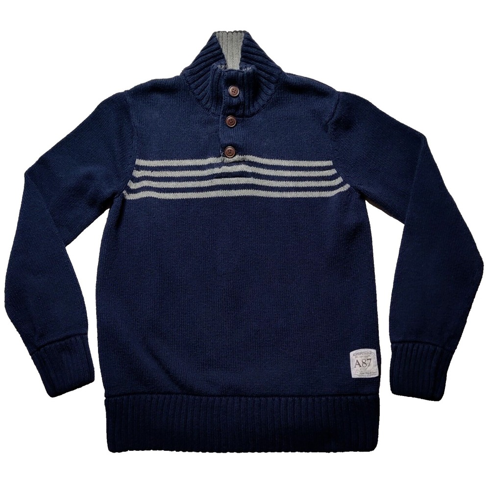 AEROPOSTALE Men Medium Blue Henley Mock Neck Cotton Acrylic Blend Sweater